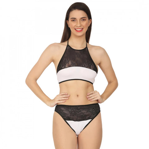 Generic Women's Cotton Lace Halter Neck Lingerie Black Lace And White Color (White And Black) Generic Women's Cotton Lace Halter Neck Lingerie Black Lace And White Color (White And Black)