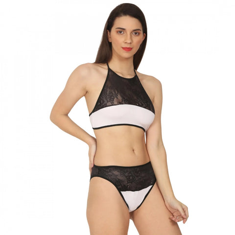 Generic Women's Cotton Lace Halter Neck Lingerie Black Lace And White Color (White And Black) Generic Women's Cotton Lace Halter Neck Lingerie Black Lace And White Color (White And Black)