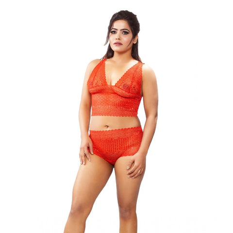 Generic Women's Lace Bra And Panty Set Self Design Lingerie Set (Red) Generic Women's Lace Bra And Panty Set Self Design Lingerie Set (Red)
