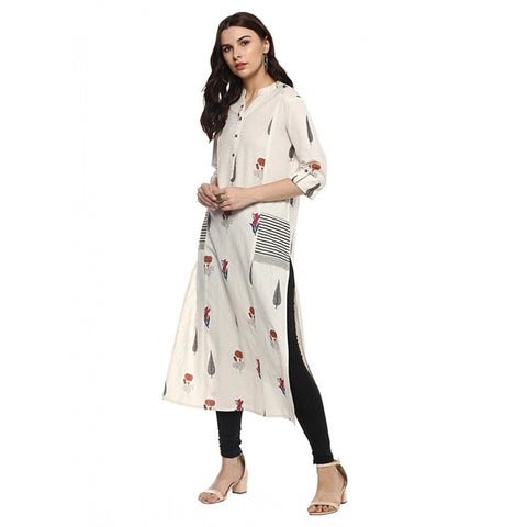 Generic Women's Khadi Printed A Line Kurti (Off White, Khadi) Generic Women's Khadi Printed A Line Kurti (Off White, Khadi)