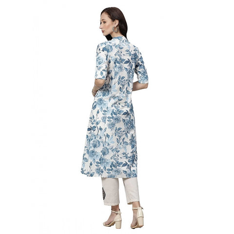 Generic Women's Cotton Printed Floral Print Kurti (White, Blue, Cotton) Generic Women's Cotton Printed Floral Print Kurti (White, Blue, Cotton)