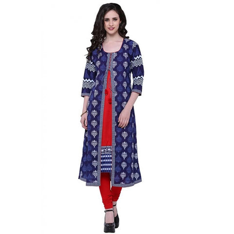 Generic Women's Cotton Printed Long Kurti (Blue, Red, Cotton) Generic Women's Cotton Printed Long Kurti (Blue, Red, Cotton)