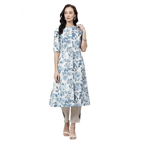 Generic Women's Cotton Printed Floral Print Kurti (White, Blue, Cotton) Generic Women's Cotton Printed Floral Print Kurti (White, Blue, Cotton)