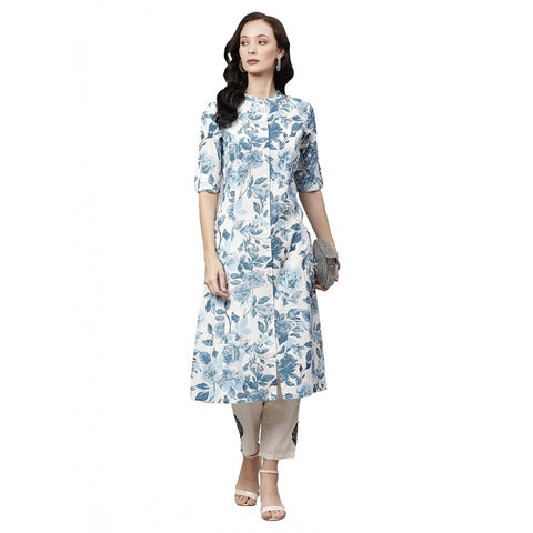 Generic Women's Cotton Printed Floral Print Kurti (White, Blue, Cotton) Generic Women's Cotton Printed Floral Print Kurti (White, Blue, Cotton)