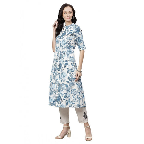 Generic Women's Cotton Printed Floral Print Kurti (White, Blue, Cotton) Generic Women's Cotton Printed Floral Print Kurti (White, Blue, Cotton)