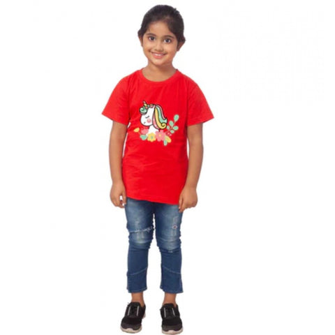 Generic Girls Cotton Unicorn Face Half Sleeve TShirt (Red) Generic Girls Cotton Unicorn Face Half Sleeve TShirt (Red)