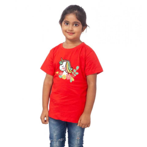 Generic Girls Cotton Unicorn Face Half Sleeve TShirt (Red) Generic Girls Cotton Unicorn Face Half Sleeve TShirt (Red)