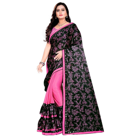 Generic Women's Lycra Blend Saree with Blouse (Pink, 5-6 Mtrs) Generic Women's Lycra Blend Saree with Blouse (Pink, 5-6 Mtrs)