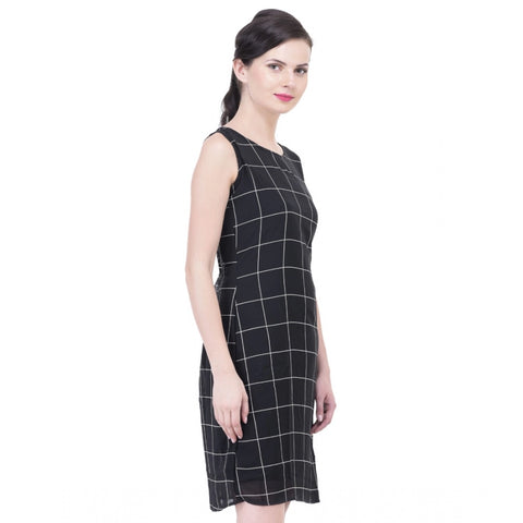 Generic Women's Cotton Blend Checked Sleeveless Sheath Dress (Black) Generic Women's Cotton Blend Checked Sleeveless Sheath Dress (Black)