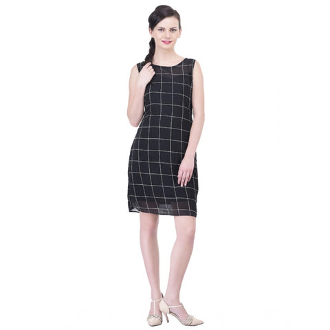 Generic Women's Cotton Blend Checked Sleeveless Sheath Dress (Black) Generic Women's Cotton Blend Checked Sleeveless Sheath Dress (Black)