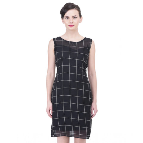 Generic Women's Cotton Blend Checked Sleeveless Sheath Dress (Black) Generic Women's Cotton Blend Checked Sleeveless Sheath Dress (Black)