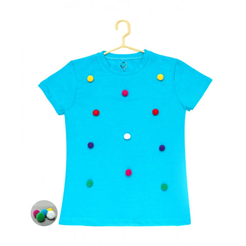Generic Girl's Casual Short Sleeve Pom Pom Balls Cotton T Shirt (Blue) Generic Girl's Casual Short Sleeve Pom Pom Balls Cotton T Shirt (Blue)