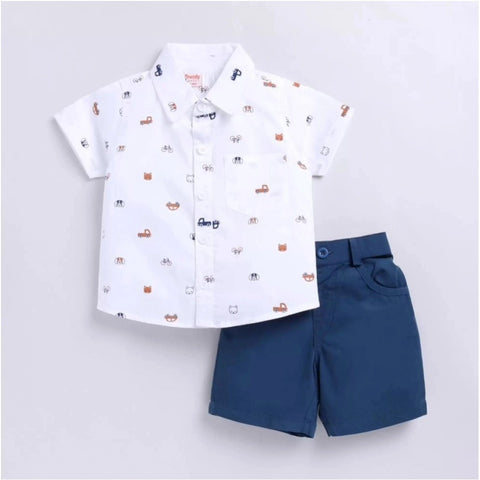 Generic Boy's Cotton Blend Printed Short Sleeve Shirt and Shorts Set (White) Generic Boy's Cotton Blend Printed Short Sleeve Shirt and Shorts Set (White)