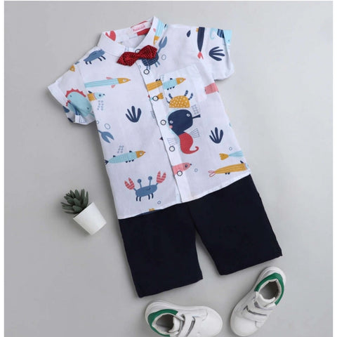 Generic Boy's Cotton Blend Printed Short Sleeve Shirt and Shorts Set (White) Generic Boy's Cotton Blend Printed Short Sleeve Shirt and Shorts Set (White)