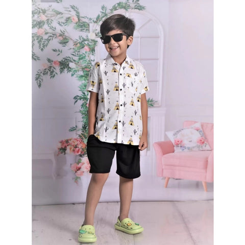 Generic Boy's Cotton Blend Printed Short Sleeve Shirt and Shorts Set (White) Generic Boy's Cotton Blend Printed Short Sleeve Shirt and Shorts Set (White)