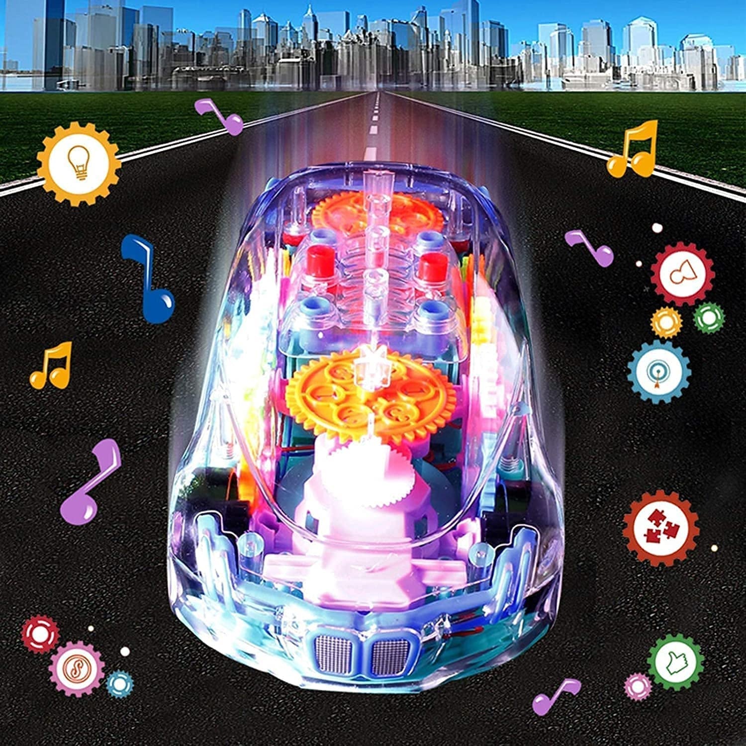 Automatic 360 Degree Rotating Transparent Gear Concept Car with Musical and 3D Flashing Lights Toy for Kids Boys & Girls (Multicolor / Battery Not Included)