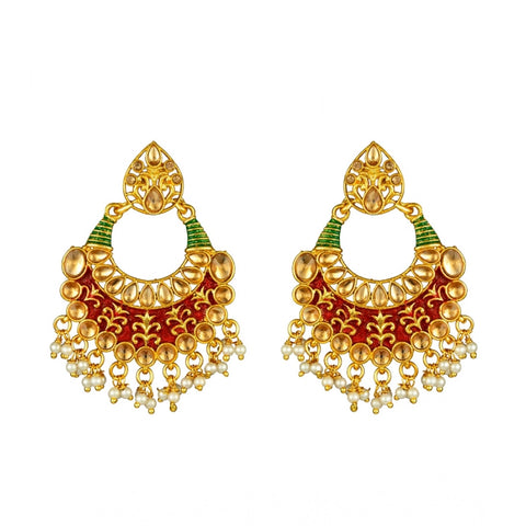 Generic Women's Rose Gold Plated Alloy Kundan Earrings &amp; Mangtikka (Red &amp; Green)