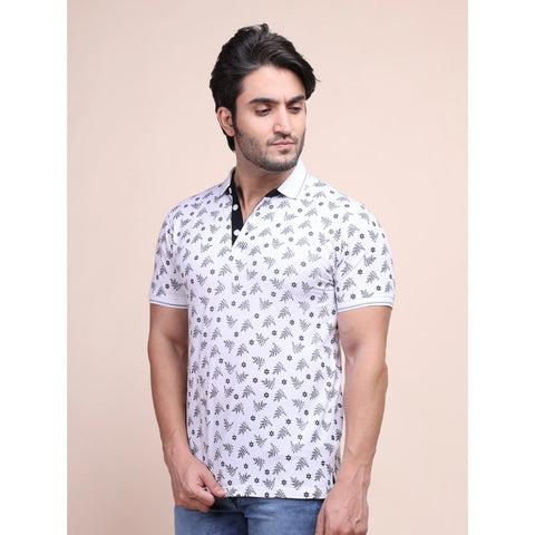Generic Men's Casual Cotton Printed Polo Neck Half Sleeve T-Shirt (White)