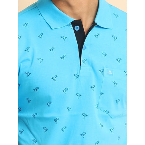 Generic Men's Casual Cotton Printed Polo Neck Half Sleeve T-Shirt (Skyblue)