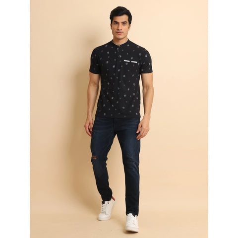 Generic Men's Casual Cotton Printed Mandarin Collar Half Sleeve T-Shirt (Black)