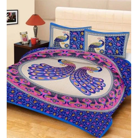 Generic Cotton Printed Queen Size Bedsheet With 2 Pillow Covers (Blue, 90x100 Inch)