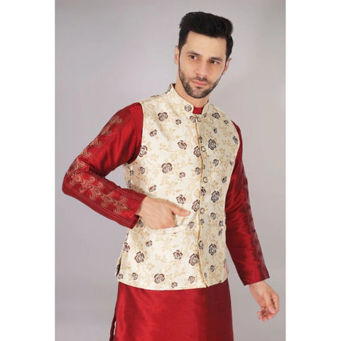Generic Men's Jacquard Self-Design Sleeveless Mandarin Neck Waistcoat (Cream)