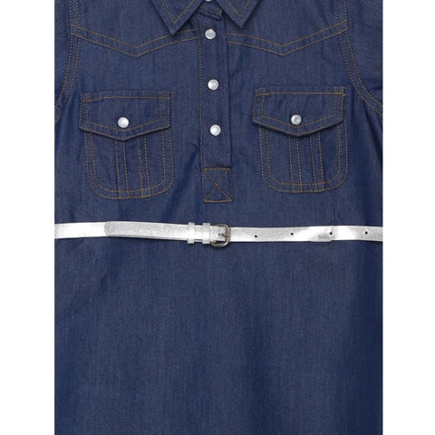 Generic Girl's Denim Solid Short Sleeve Shirt collar Dress (Blue)