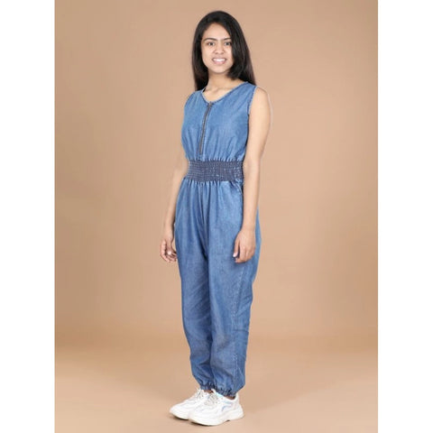 Generic Girl's Denim Solid Shoulder Straps V-Neck Dress (Blue)