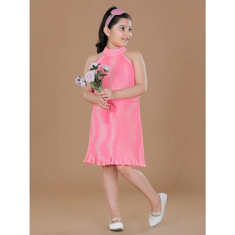 Generic Girl's Polyester Crepe Printed Sleeveless Round Neck Dress (Pink)