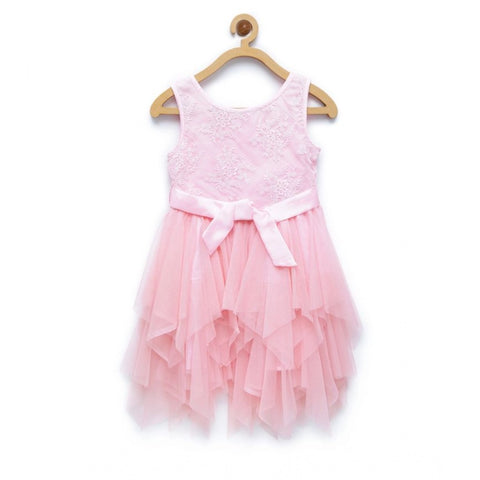 Generic Girl's Polyester  Net Floral Printed Sleeveless Round Neck Dress (Light Pink)