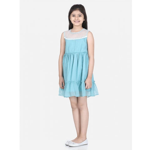 Generic Girl's Polyester Dobby Floral Printed Sleeveless Round Neck Dress (Blue)