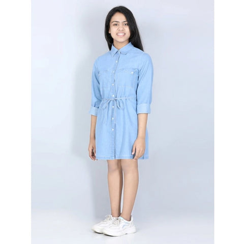 Generic Girl's Denim Solid Long Sleeve Shirt collar Dress (Blue)