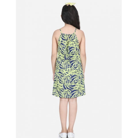 Generic Girl's Polyester Floral Printed Short Sleeve Round Neck Dress (Blue-Yellow)