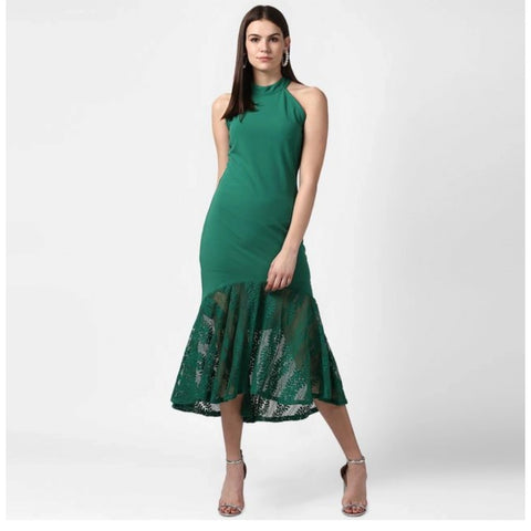 Generic Women's Polyester Asymmetrical Close Neck Sleeveless Dress (Green)