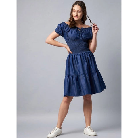 Generic Women's Denim Solid Off-Shoulder Short Sleeve Dress (Blue)