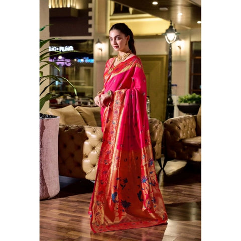 Generic Women's Silk Blend Zari Woven Saree With Unstitched Blouse 5.5Mtr (Pink)