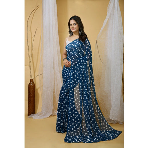 Generic Women's Georgette Printed Saree With Unstitched Blouse 5.5Mtr (Blue)