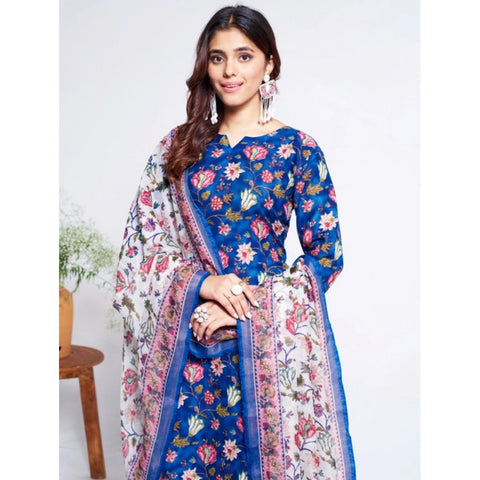 Generic Women's Cotton Blend Printed Kurti With Pant Dupatta Set (Blue)