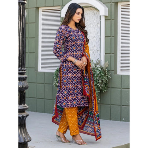 Generic Women's Cotton Blend Printed Kurti With Pant Dupatta Set (Navy Blue)