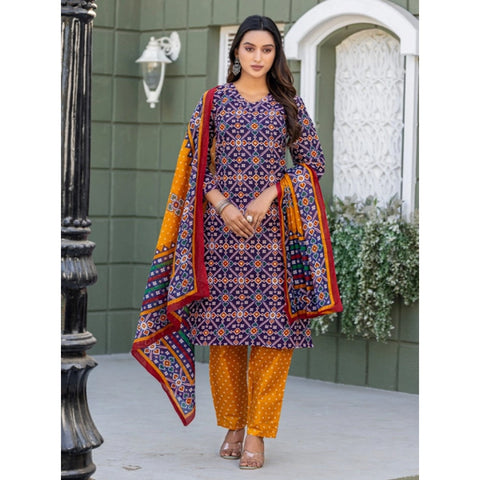Generic Women's Cotton Blend Printed Kurti With Pant Dupatta Set (Navy Blue)
