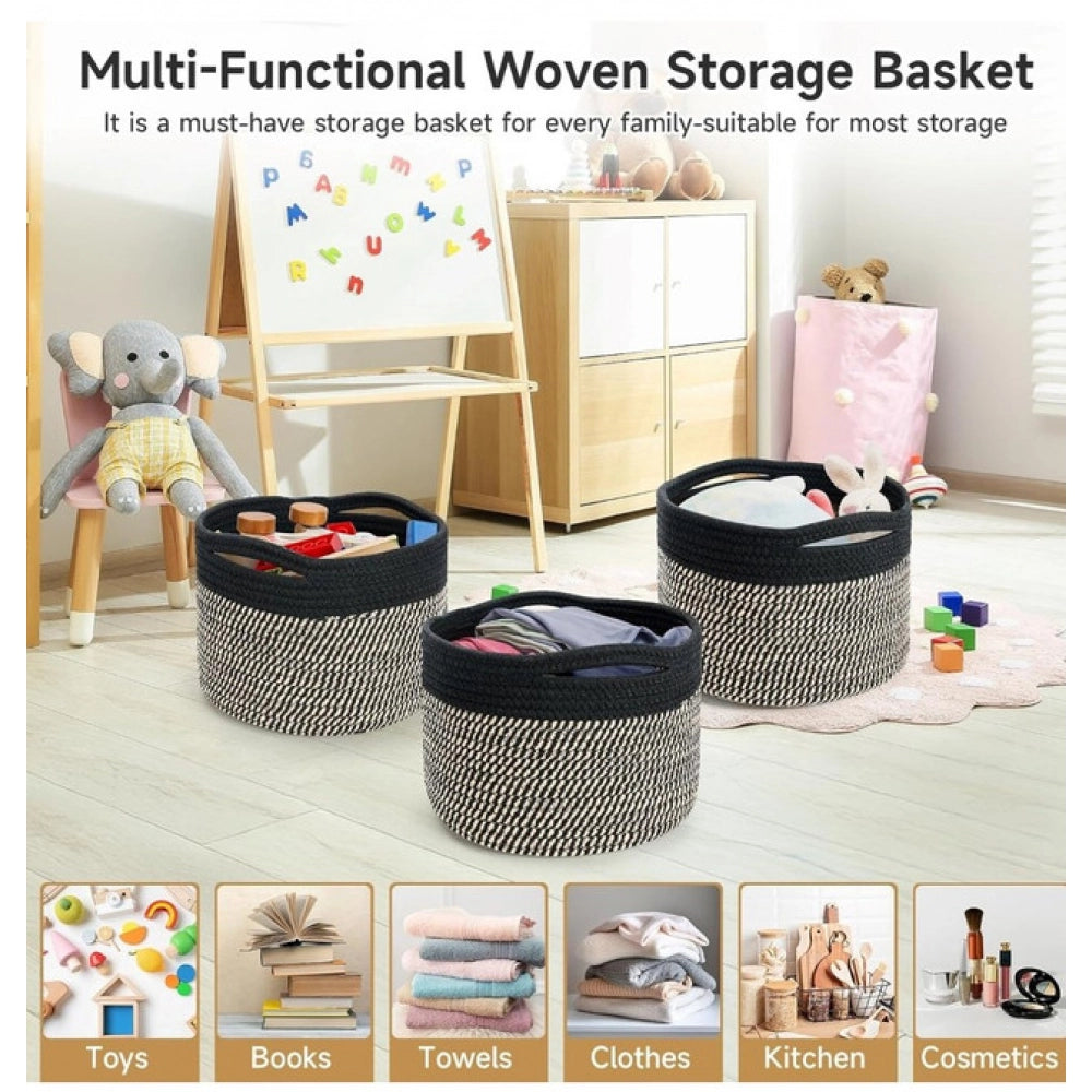 Generic Cotton 9x7 Inch Pack of 3 Storage Basket For Clothes (Black-Beige)