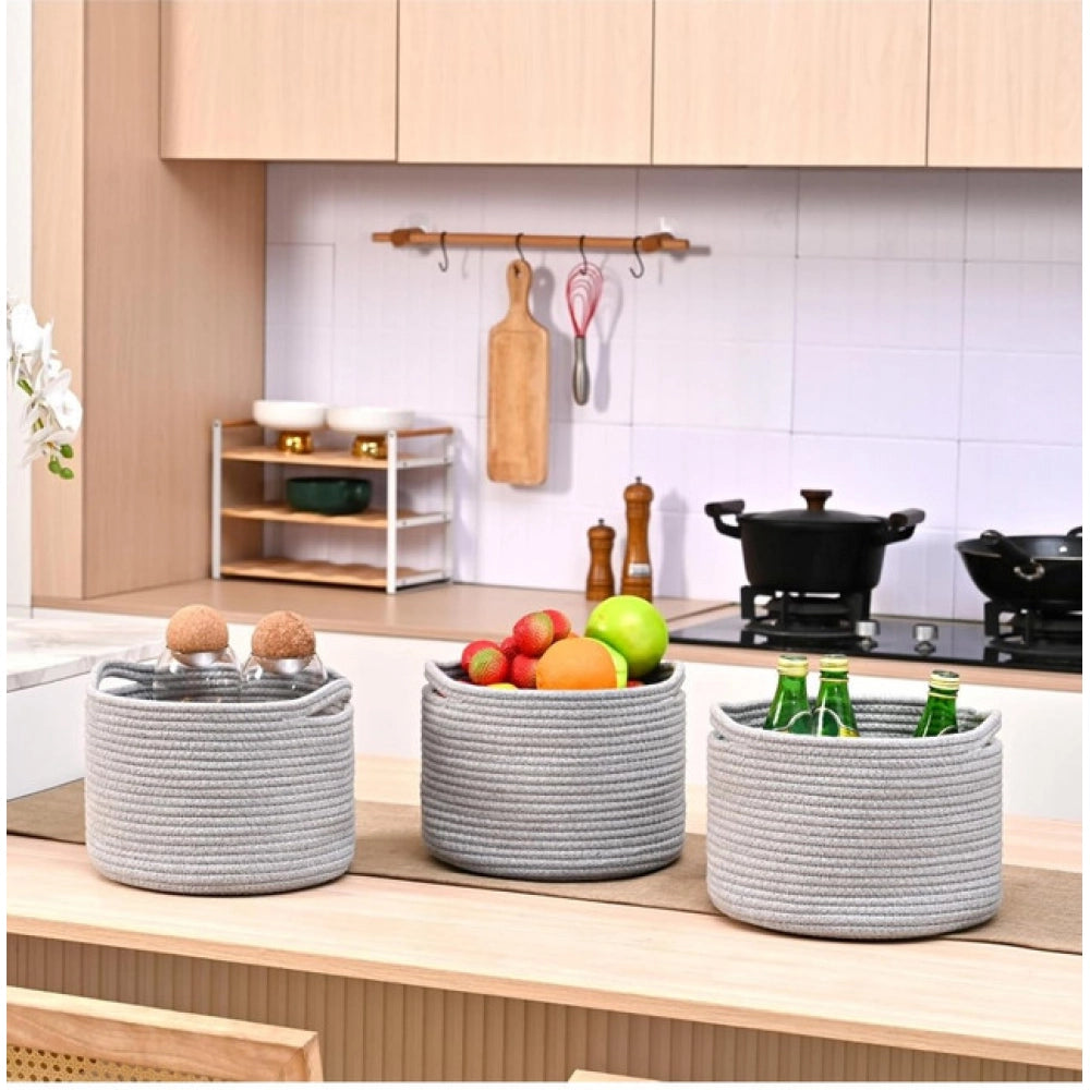 Generic Cotton 9x7 Inch Pack of 3 Storage Basket For Clothes (Gray)
