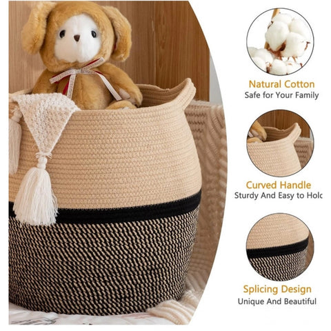 Generic Cotton Matka 14x12 Inch Storage Basket For Clothes (Beige Black)