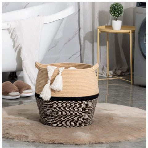 Generic Cotton Matka 14x12 Inch Storage Basket For Clothes (Beige Black)
