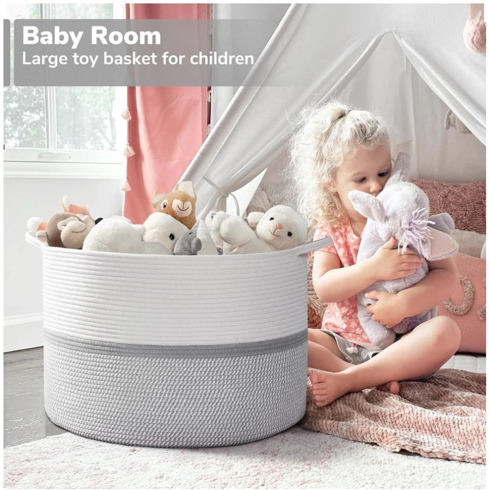 Generic Cotton Dori 16x14 Inch Storage Basket For Clothes (White-Gray White)