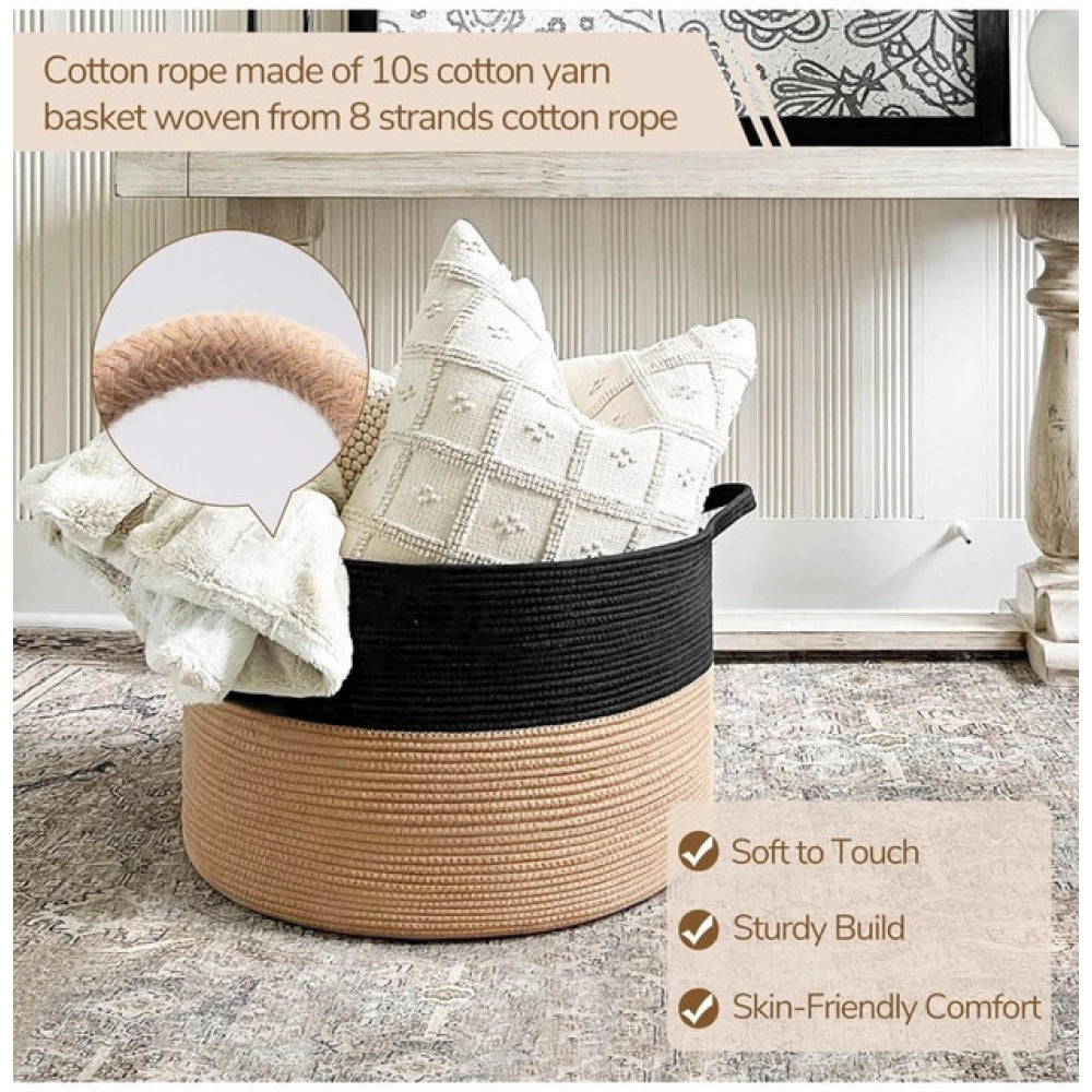Generic Cotton 16x14 Inch Pack of 1 Storage Basket For Clothes (Black-Beige)