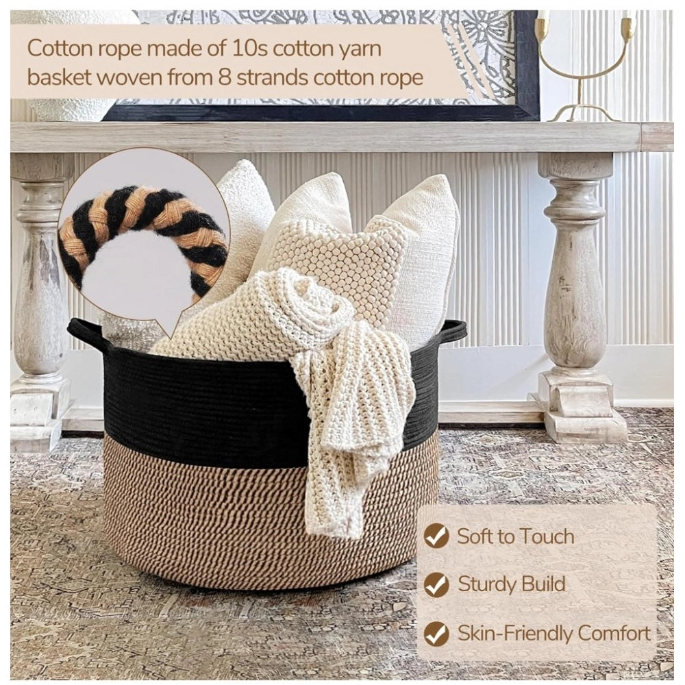 Generic Cotton 16x14 Inch Pack of 1 Storage Basket For Clothes (Black- Beige Black)