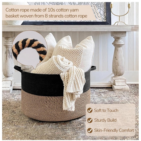 Generic Cotton 16x14 Inch Pack of 1 Storage Basket For Clothes (Black- Beige Black)