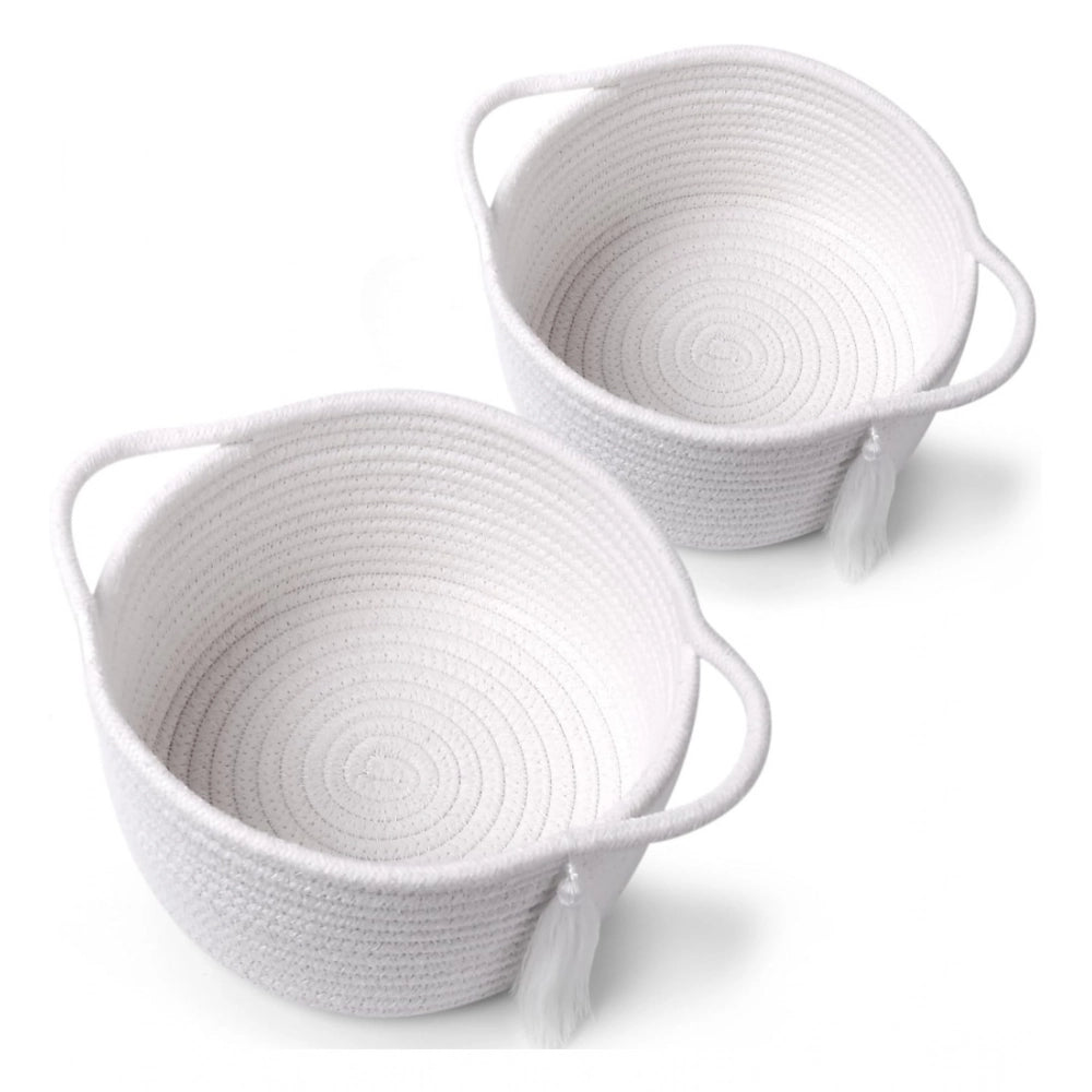 Generic Cotton 8x4 Inch Round 2 Set With Jhalar Bedside Organizer (White)